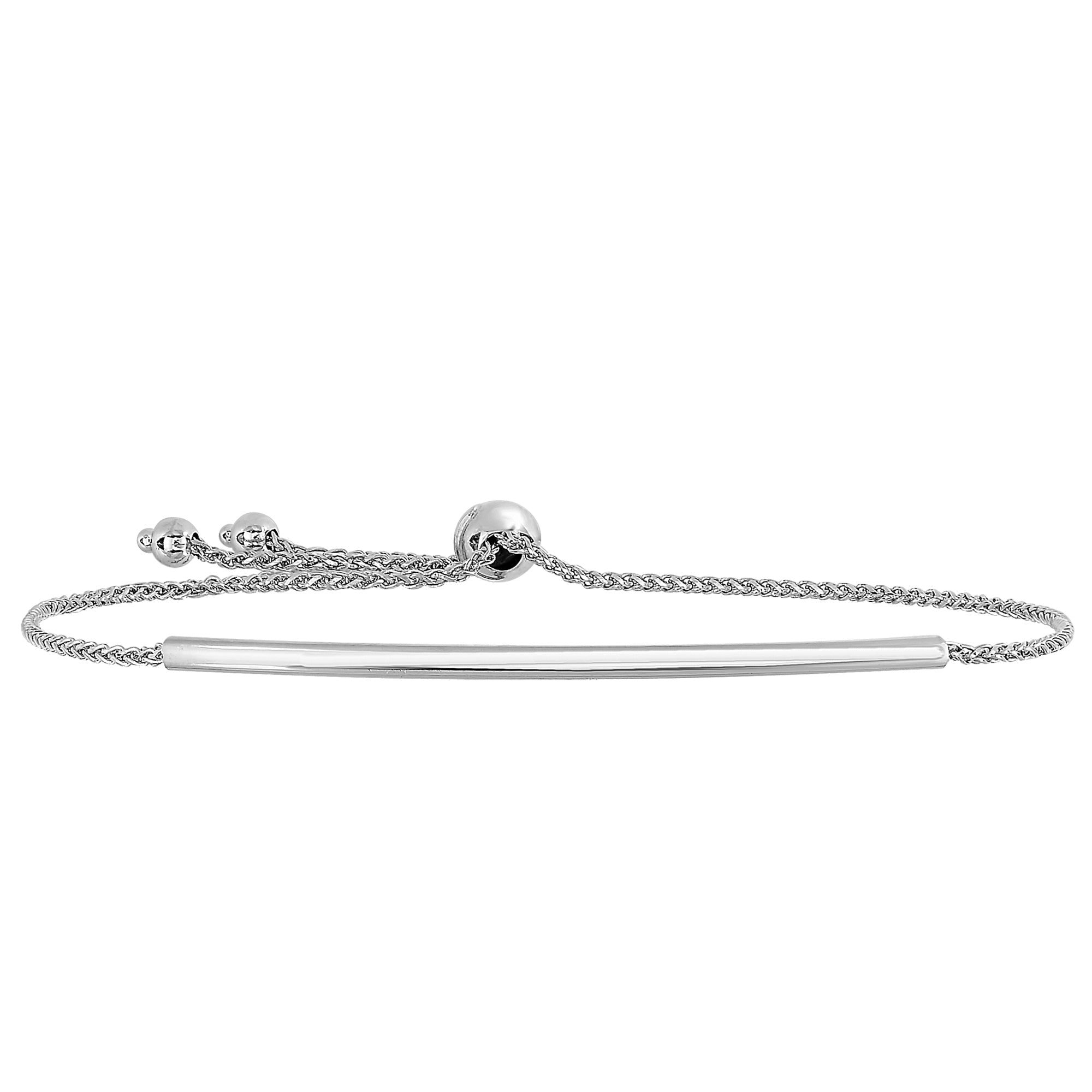 14K White Gold Diamond Cut Round Wheat Adjustable Bracelet With Shiny Arched Bar Center Element , 9"