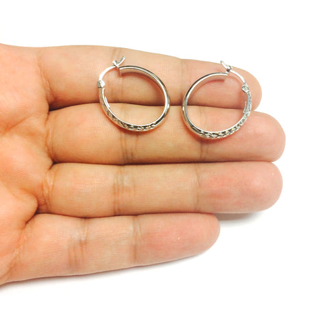 14K White Gold Hammered Polished Oval Hoop Earrings