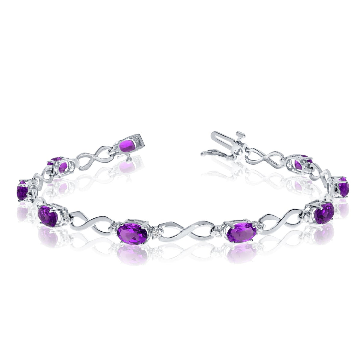 14K White Gold Oval Amethyst Stones And Diamonds Infinity Tennis Bracelet, 7" - JewelryAffairs