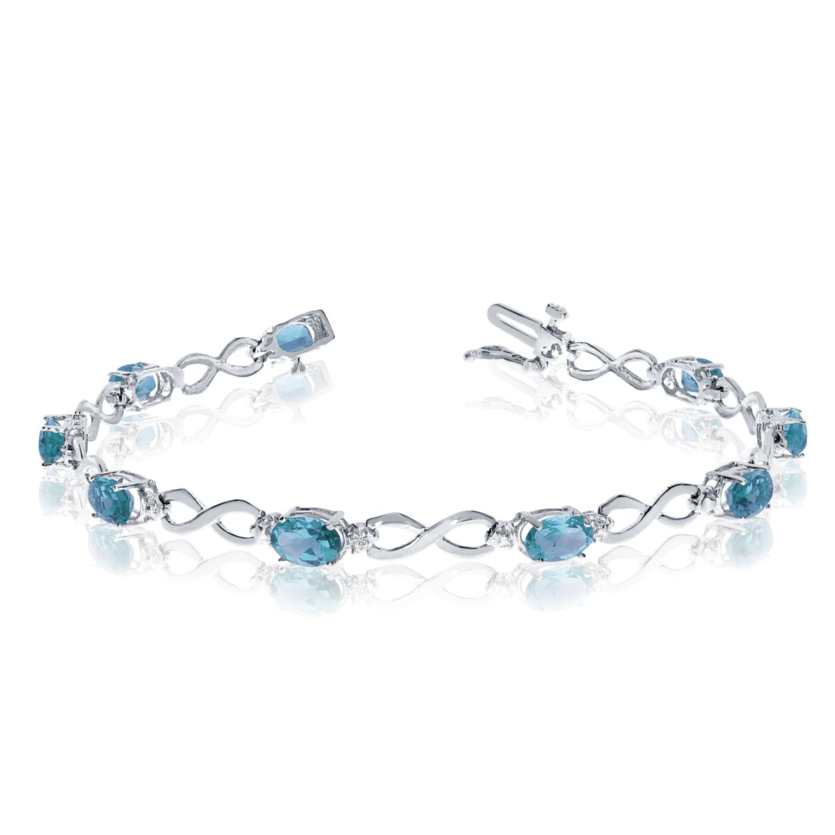 14K White Gold Oval Blue Topaz Stones And Diamonds Infinity Tennis Bracelet, 7" - JewelryAffairs