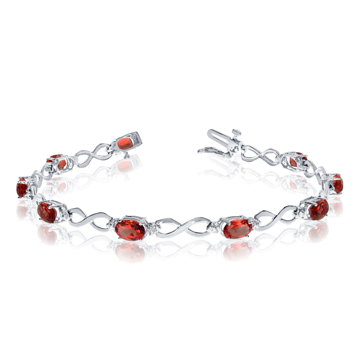 14K White Gold Oval Garnet Stones And Diamonds Infinity Tennis Bracelet, 7" - JewelryAffairs