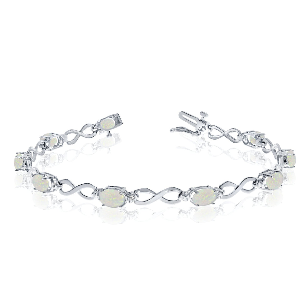 14K White Gold Oval Opal Stones And Diamonds Infinity Tennis Bracelet, 7" - JewelryAffairs