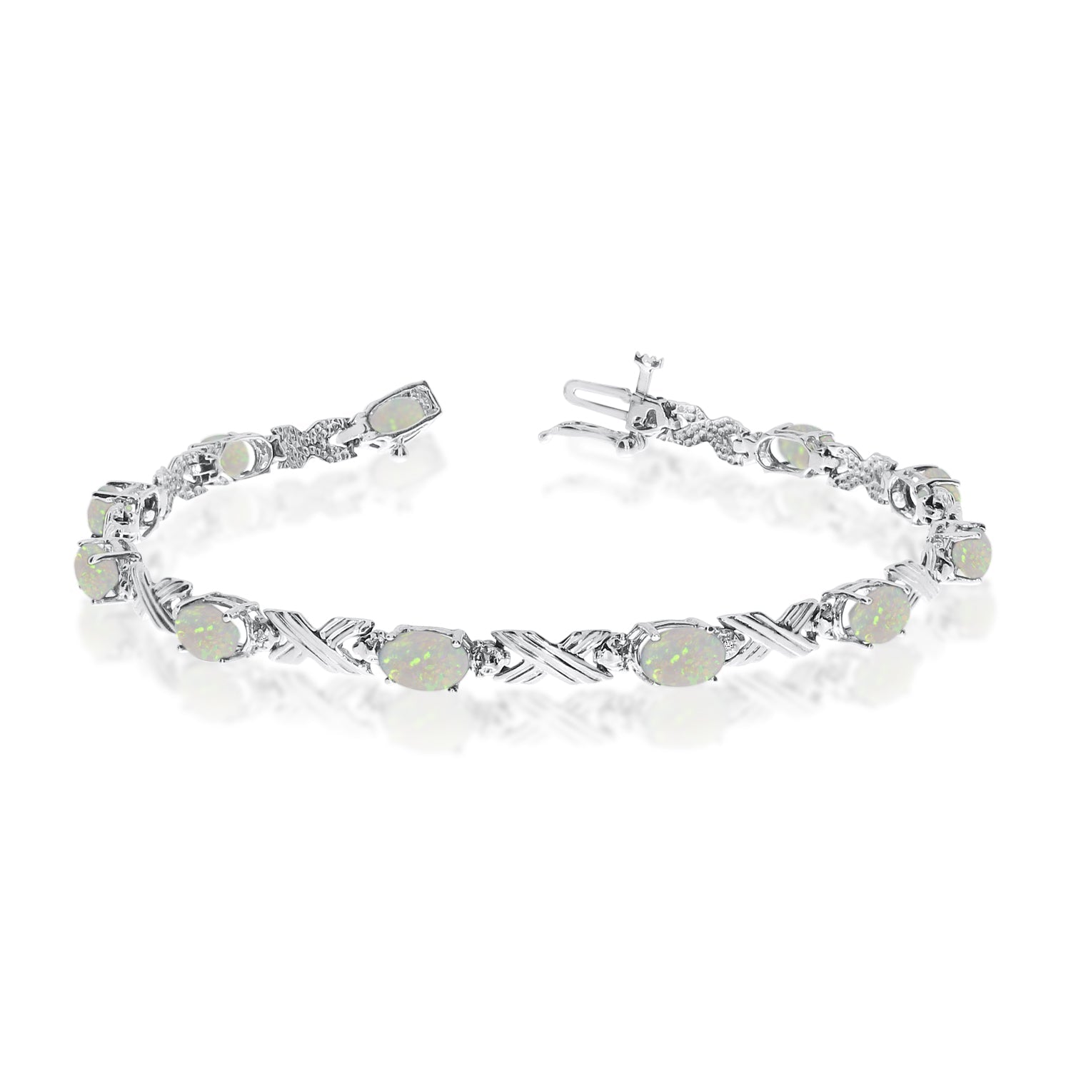14K White Gold Oval Opal Stones And Diamonds Tennis Bracelet, 7" - JewelryAffairs