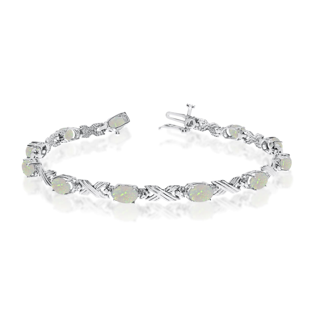 14K White Gold Oval Opal Stones And Diamonds Tennis Bracelet, 7" - JewelryAffairs