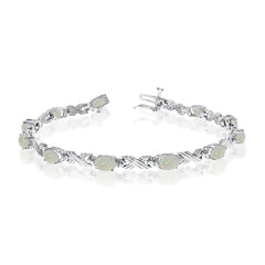 14K White Gold Oval Opal Stones And Diamonds Tennis Bracelet, 7" - JewelryAffairs