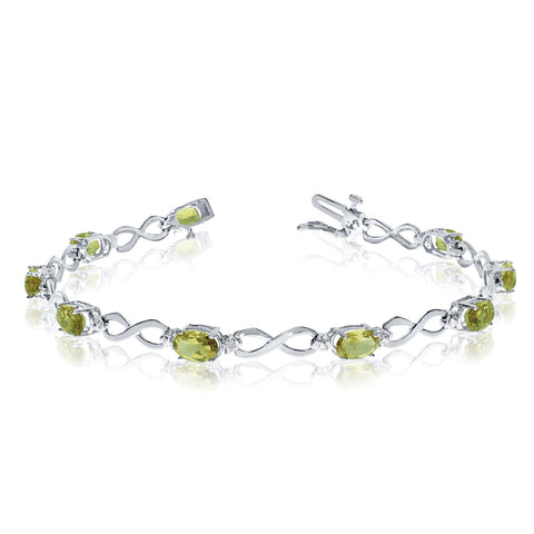 14K White Gold Oval Peridot Stones And Diamonds Infinity Tennis Bracelet, 7"