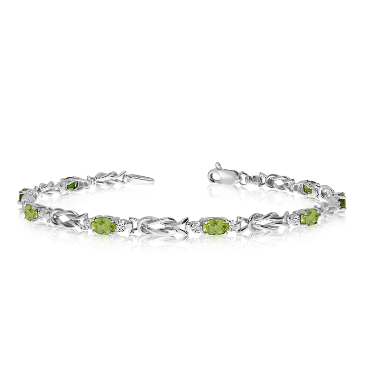 14K White Gold Oval Peridot Stones And Diamonds Tennis Bracelet, 7" - JewelryAffairs