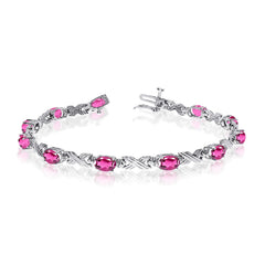 14K White Gold Oval Pink Topaz Stones And Diamonds Tennis Bracelet, 7" - JewelryAffairs