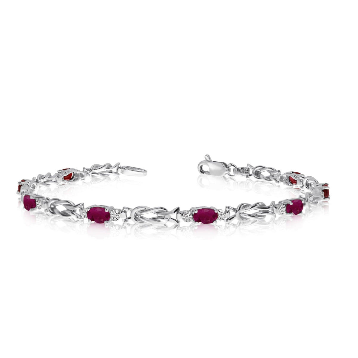 14K White Gold Oval Ruby Stones And Diamonds Tennis Bracelet, 7" - JewelryAffairs