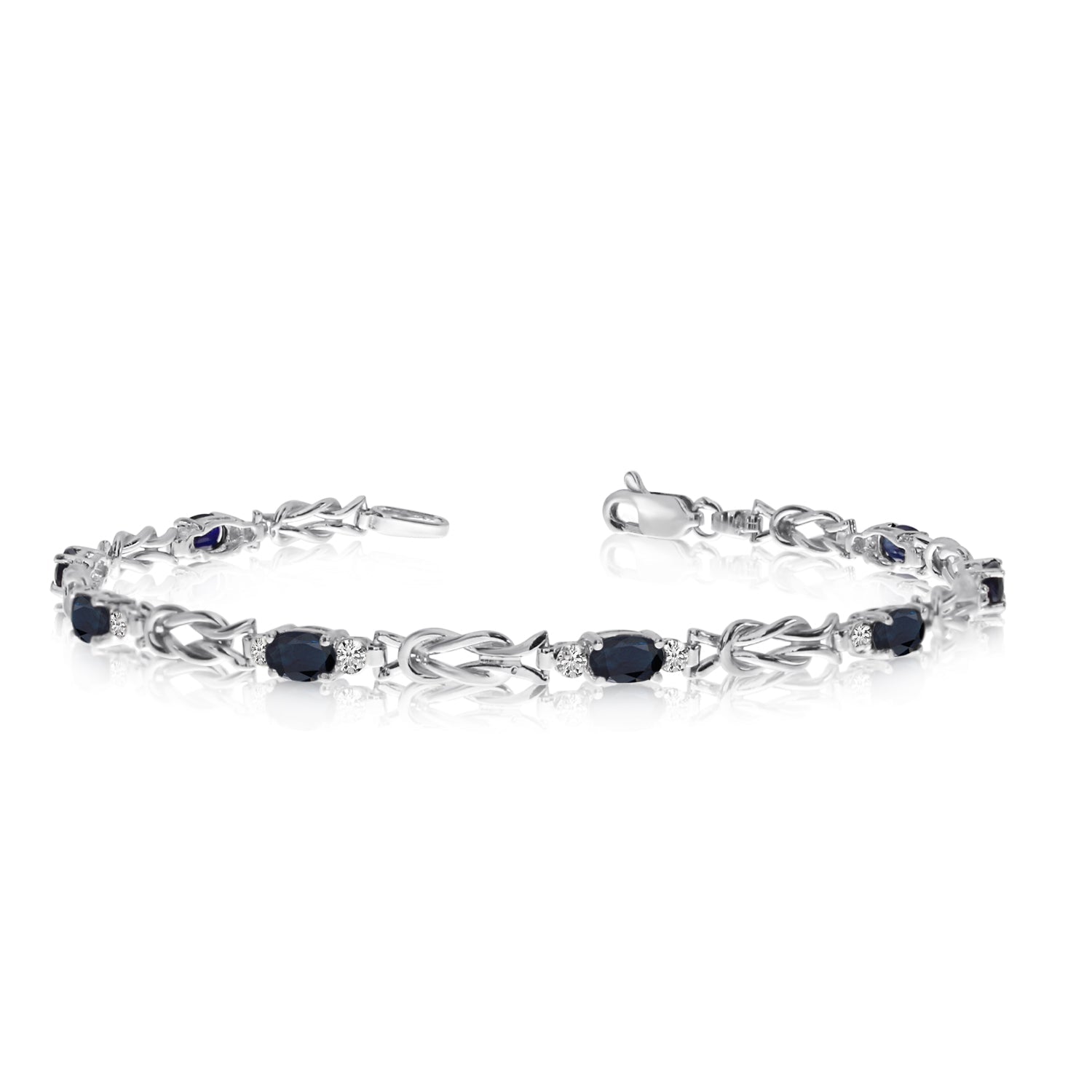 14K White Gold Oval Sapphire Stones And Diamonds Tennis Bracelet, 7" - JewelryAffairs