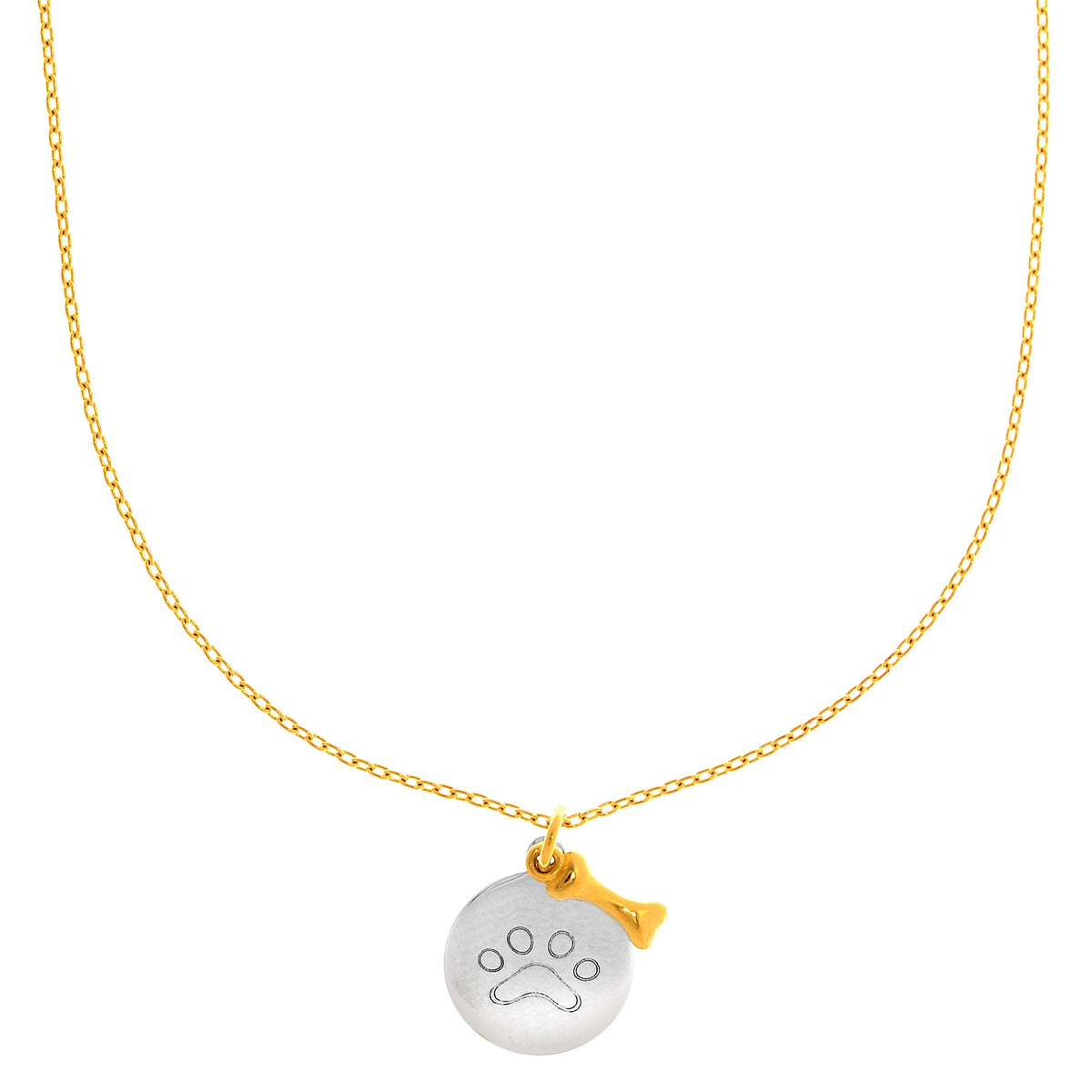 14k White Gold Round Paw Charm And Dog Bone Pendant Necklace, 17" - JewelryAffairs