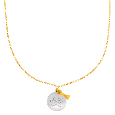 14k White Gold Round Paw Charm And Dog Bone Pendant Necklace, 17"