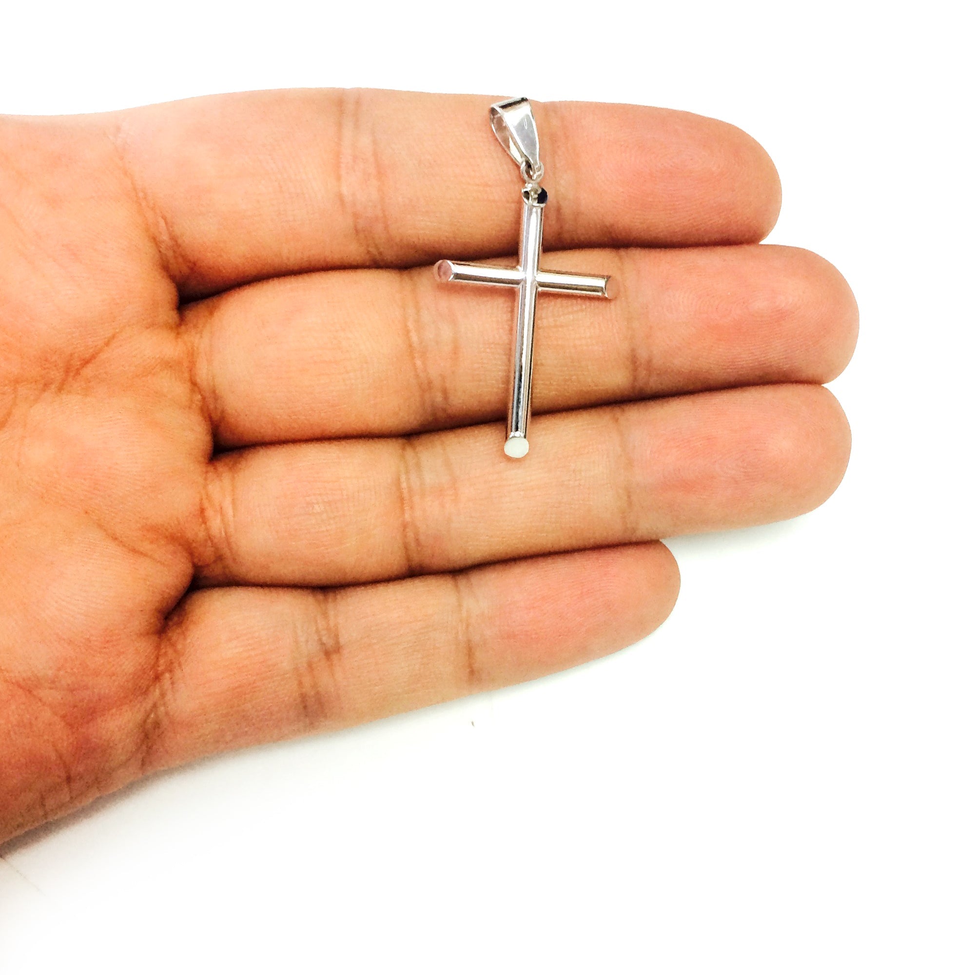14k White Gold Shiny Round Tube Cross Pendant - JewelryAffairs