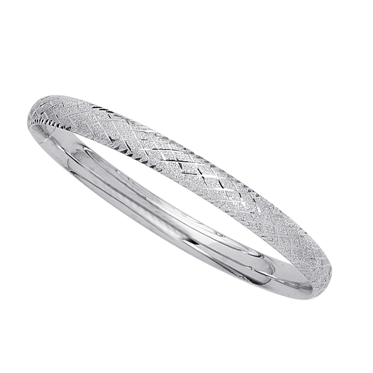 14k White Gold Sparkle And Diamond Shape Pattern Bangle Bracelet, 7" - JewelryAffairs