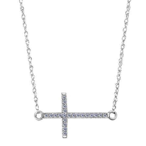 14k White Gold With 0.05ct Diamonds Side Ways Cross Necklace - 18 Inches