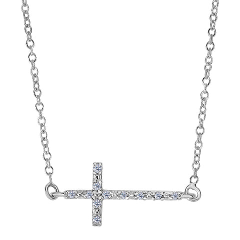 14k White Gold With 0.07ct Diamonds Side Ways Cross Necklace - 18 Inches