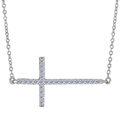 14k White Gold With 0.25ct Diamonds Side Ways Cross Necklace - 18 Inches