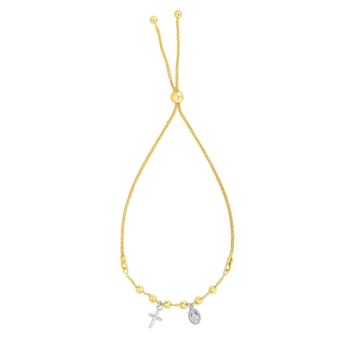 14k Yellow And White Gold Cross Charm Adjustable Bracelet, 9.25" - JewelryAffairs