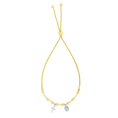 14k Yellow And White Gold Cross Charm Adjustable Bracelet, 9.25" - JewelryAffairs