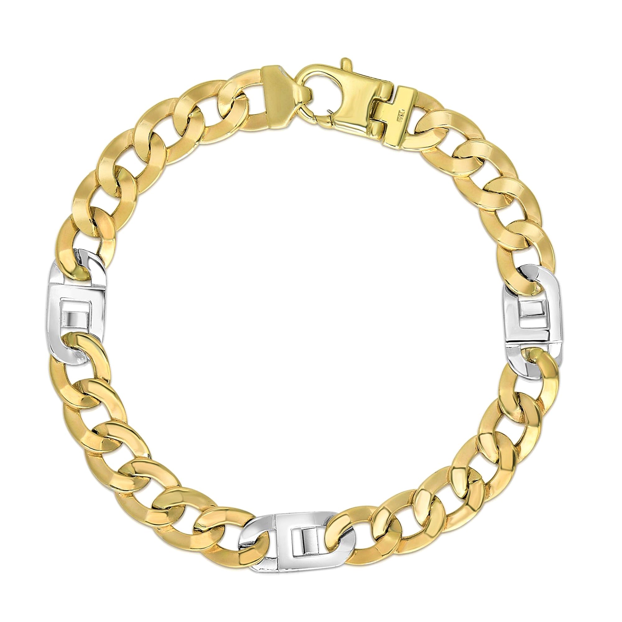 14k Yellow And White Gold Diamond Cut Curb Mariner Link Mens Bracelet, 8.5" - JewelryAffairs