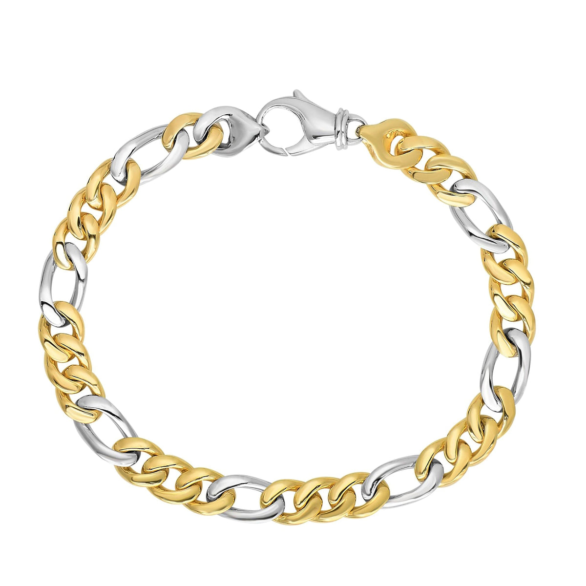 14k Yellow And White Gold Diamond Cut Figaro Link Mens Bracelet, 8.5" - JewelryAffairs