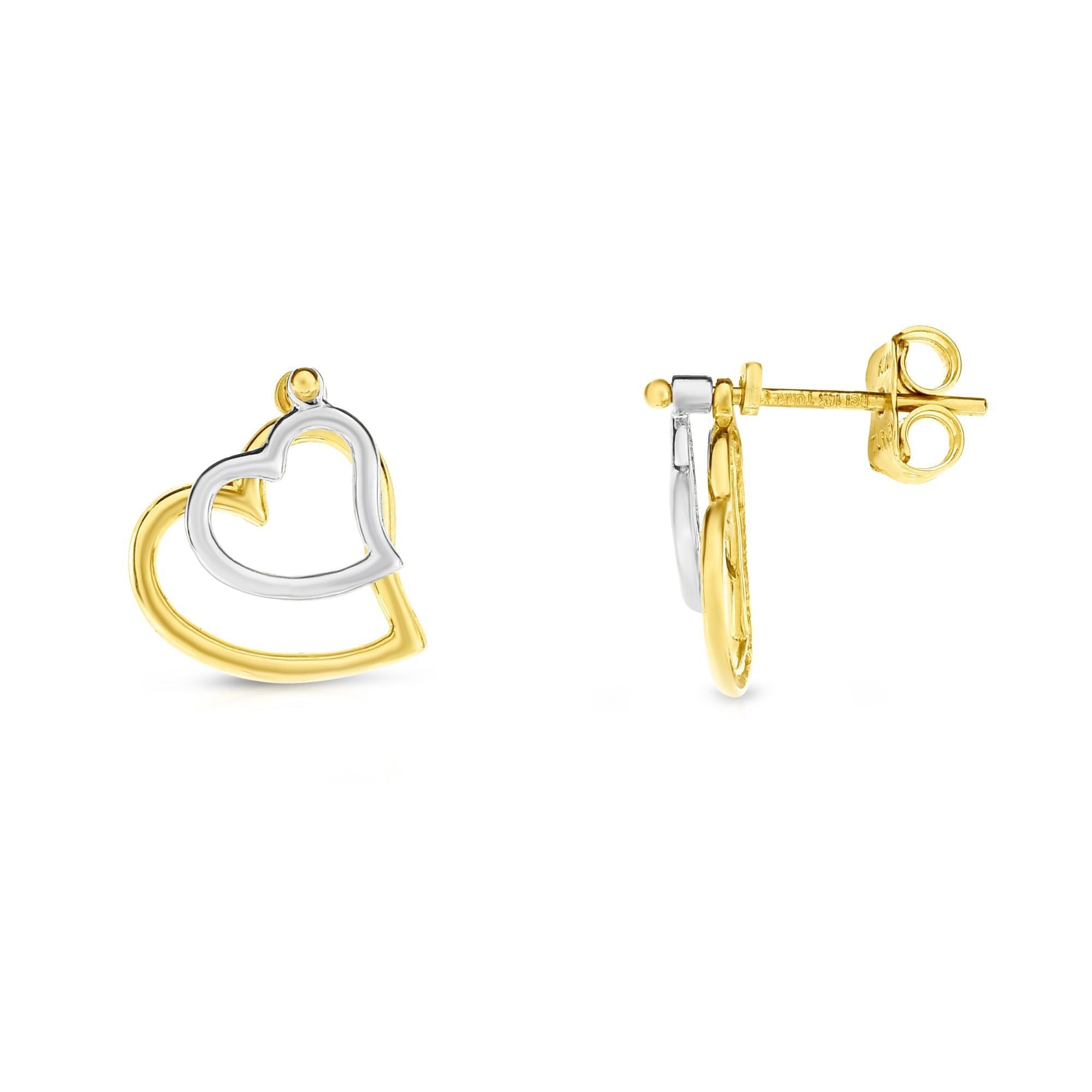 14k Yellow And White Gold Double Heart Stud Earrings - JewelryAffairs