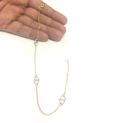 14K Yellow And White Gold Heart Charms Fancy Anklet, 10"