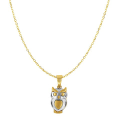 14k Yellow And White Gold High Polished Satin Owl Pendant Necklace, 18"