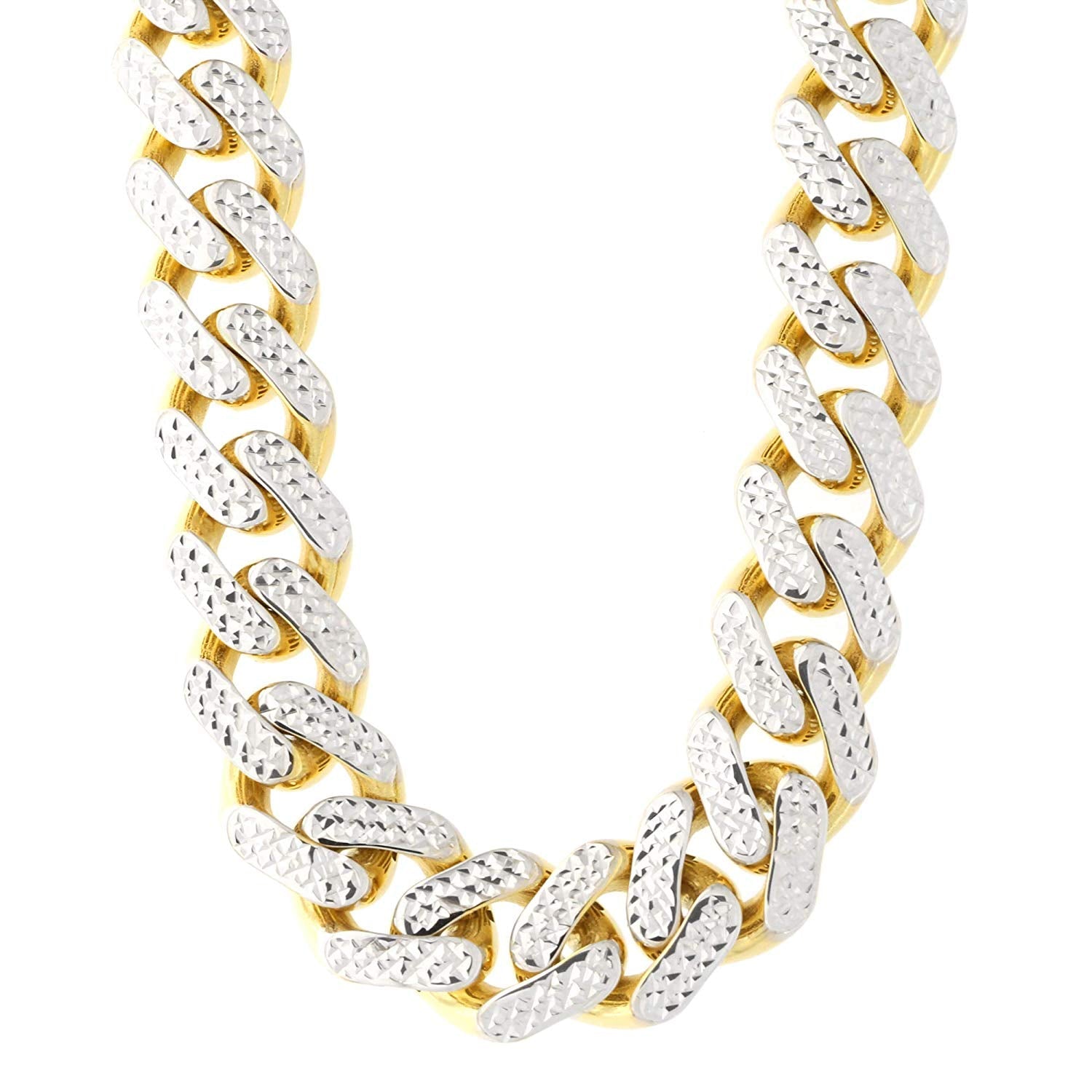 14k Yellow And White Gold Miami Cuban Pave Link Chain Necklace, Width 11.3mm, 24" - JewelryAffairs
