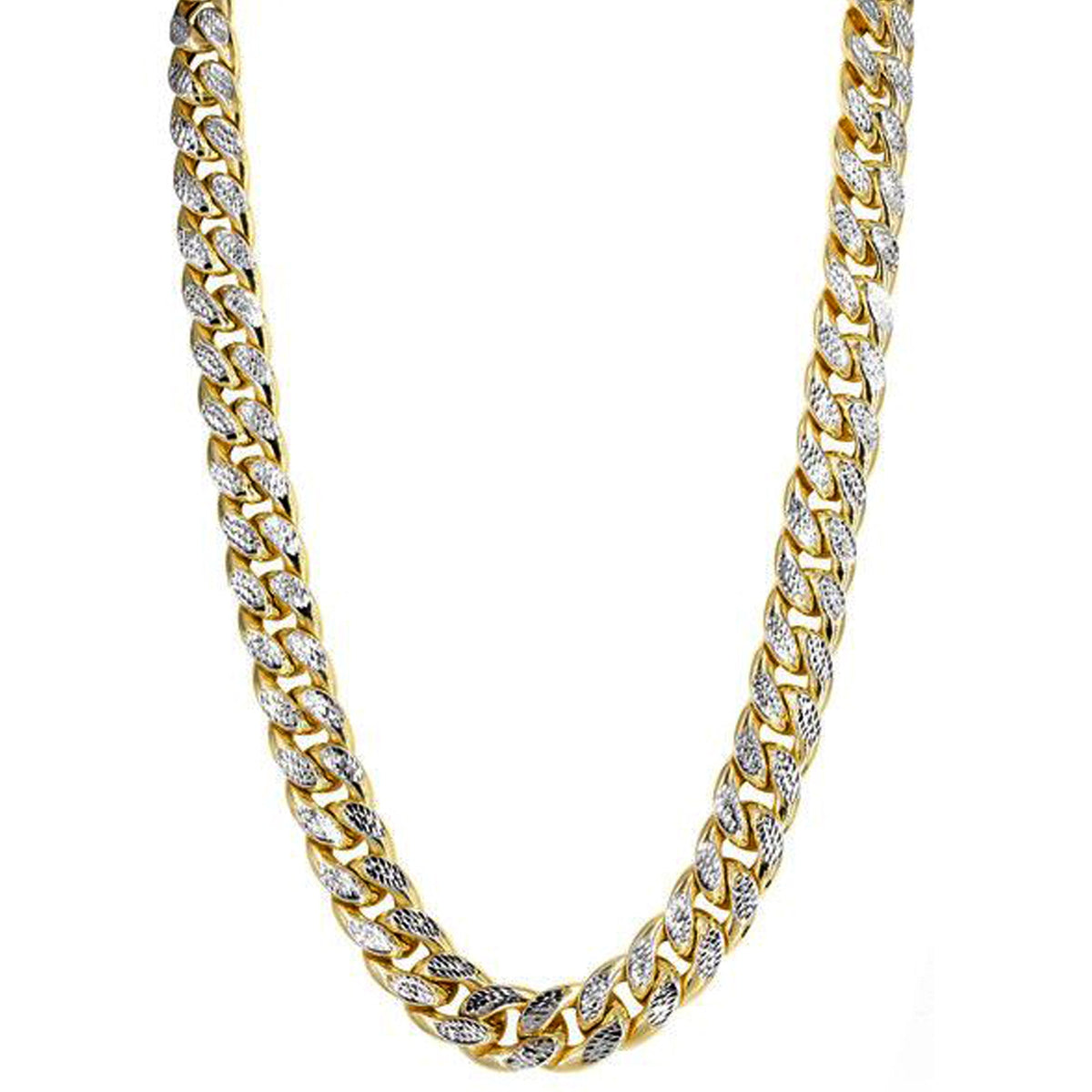 14k Yellow And White Gold Miami Cuban Pave Link Chain Necklace, Width 13.5mm, 24" - JewelryAffairs