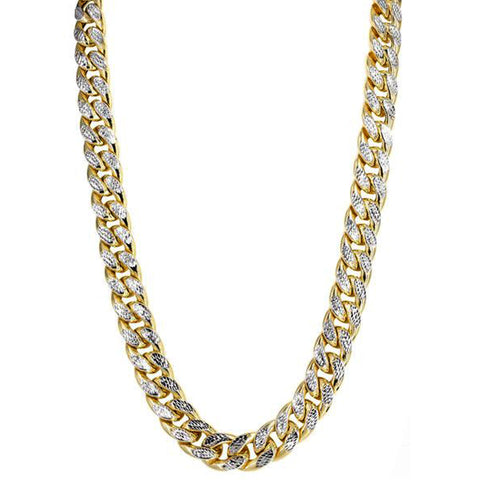 14k Yellow And White Gold Miami Cuban Pave Link Chain Necklace, Width 9.5mm, 22"
