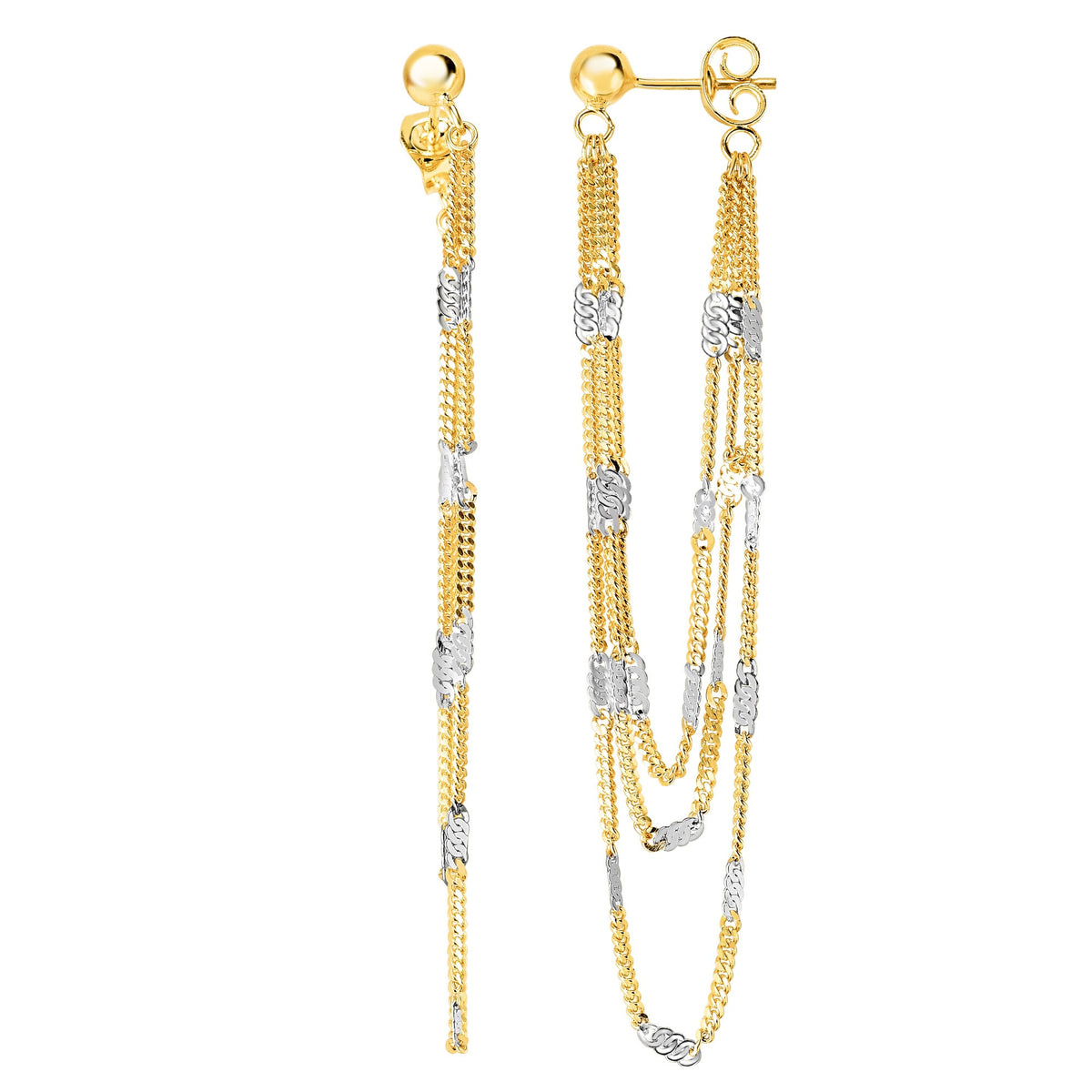 14K Yellow And White Gold Multi Stranded Fancy Chain Front And Back Style Drop Earrings