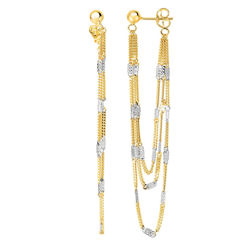 14K Yellow And White Gold Multi Stranded Fancy Chain Front And Back Style Drop Earrings
