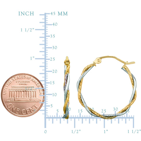 14K Yellow And White Gold Twisted Hoop Earrings, Diameter 25mm
