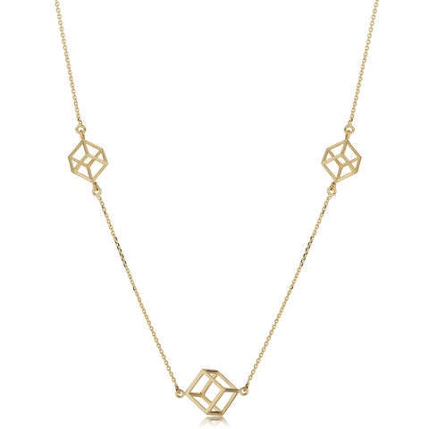14k Yellow Gold 3D Cube Pendant Adjustable Necklace, 18"