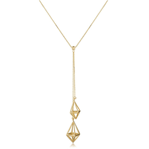14k Yellow Gold 3D Diamond Cage Drop Adjustable Necklace, 18"