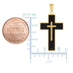 14k Yellow Gold And Black Enamel Cross Mens Pendant - JewelryAffairs