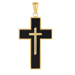 14k Yellow Gold And Black Enamel Cross Mens Pendant - JewelryAffairs