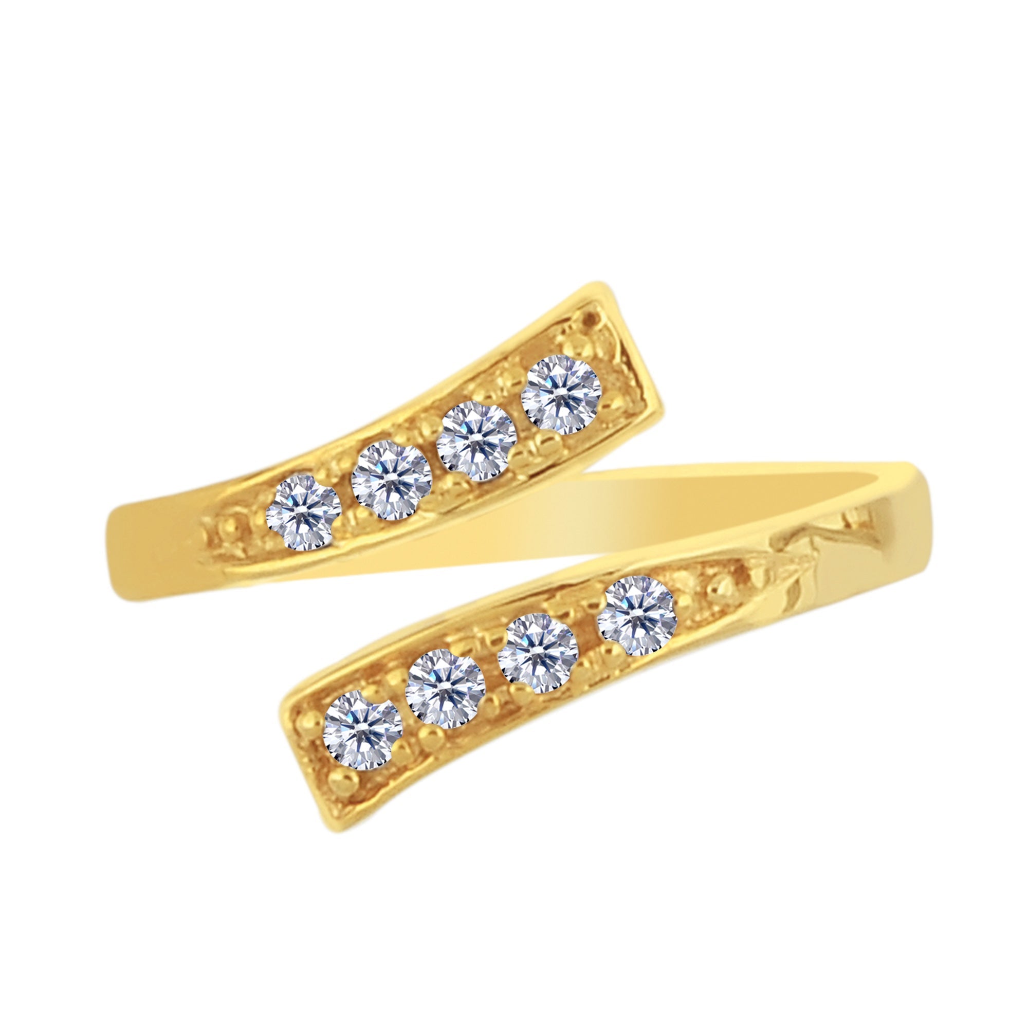 14K Yellow Gold Crossover With CZ Stones By Pass Style Adjustable Toe Ring - JewelryAffairs