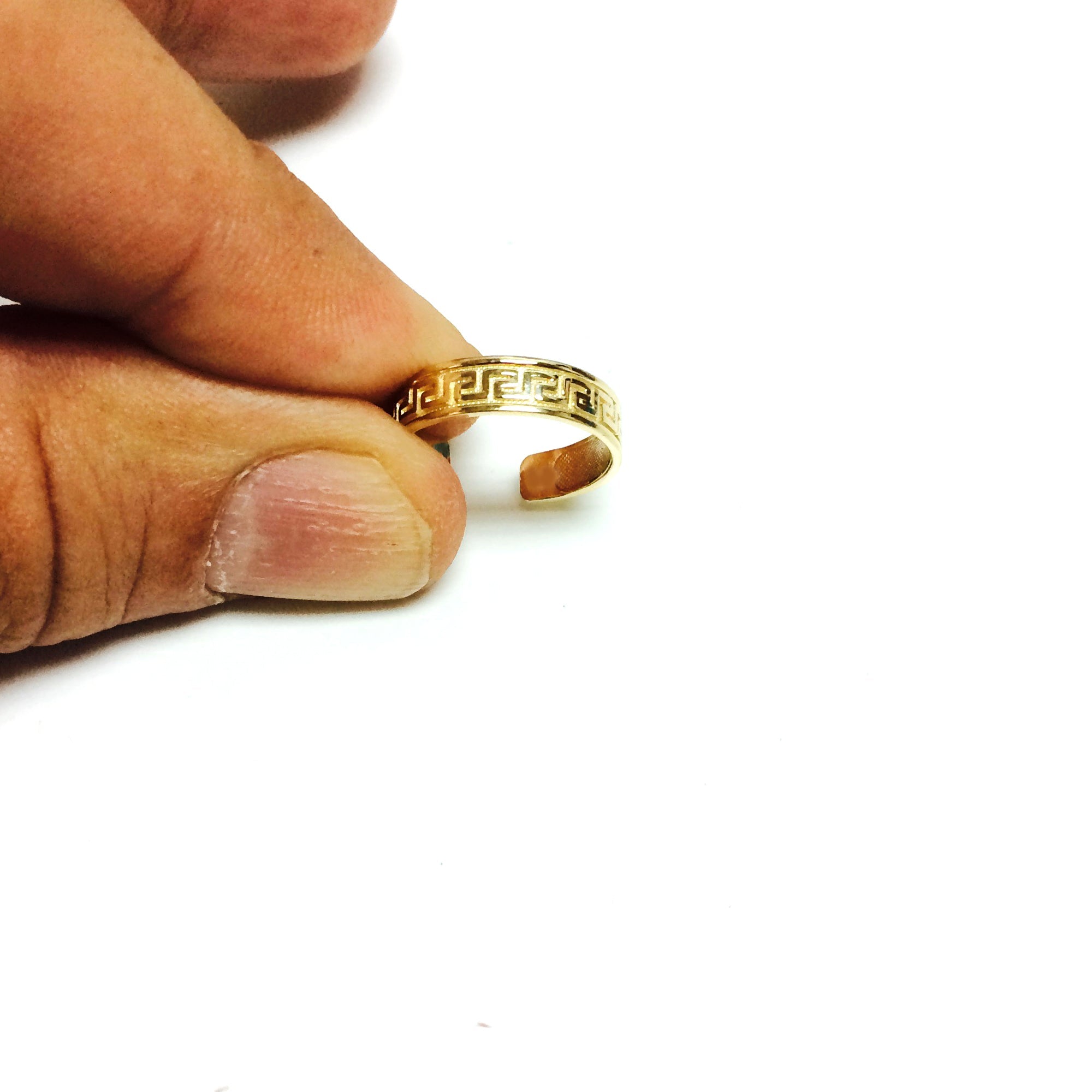 14K Yellow Gold Curved Inlay Greek Key Design Cuff Style Adjustable Toe Ring - JewelryAffairs
