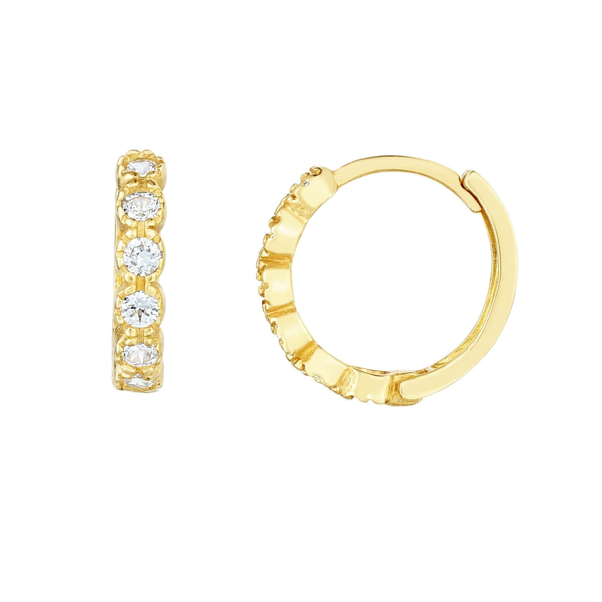 14K Yellow Gold CZ Huggie Hoop Earrings, 12mm - JewelryAffairs