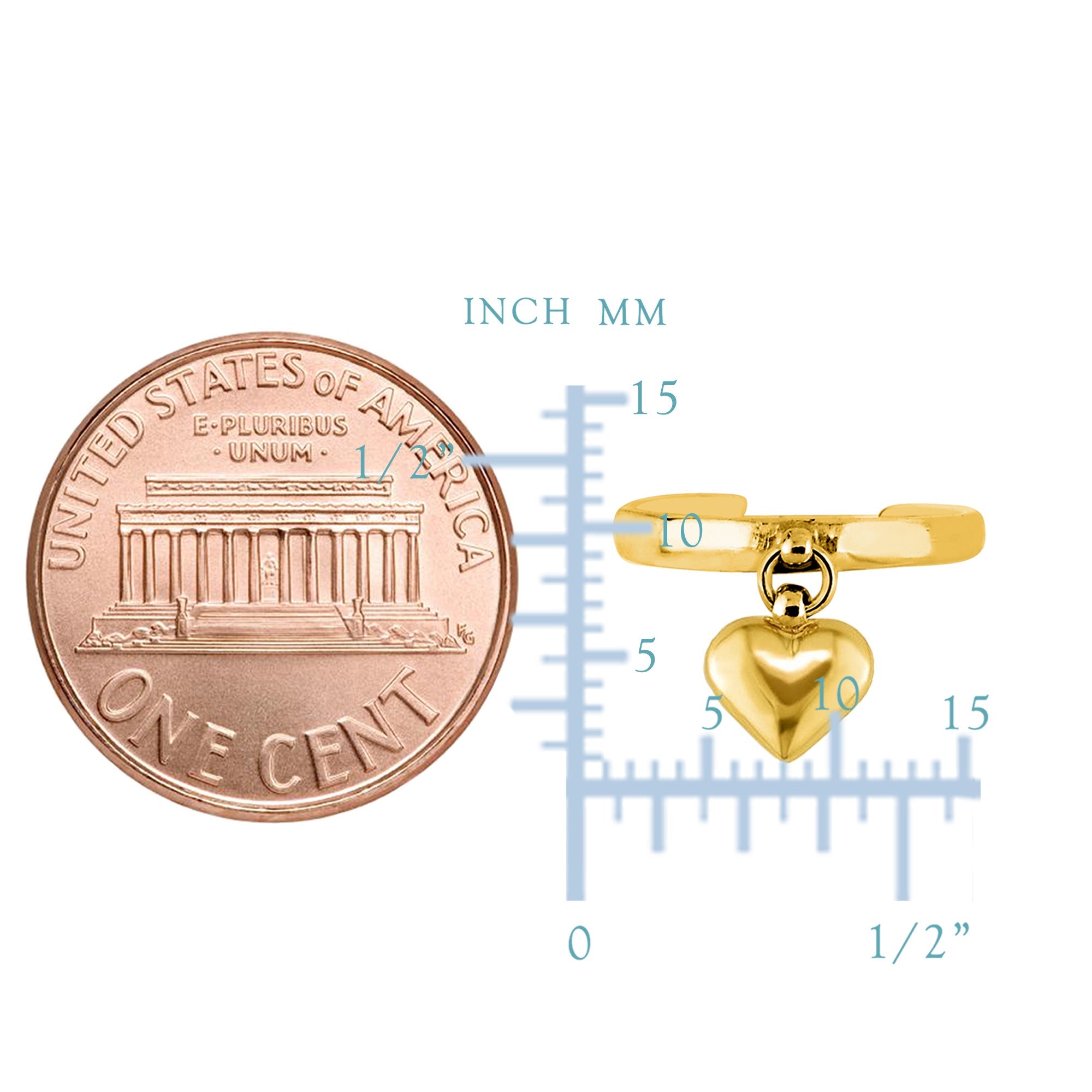 14K Yellow Gold Dangle Heart Cuff Style Adjustable Toe Ring - JewelryAffairs