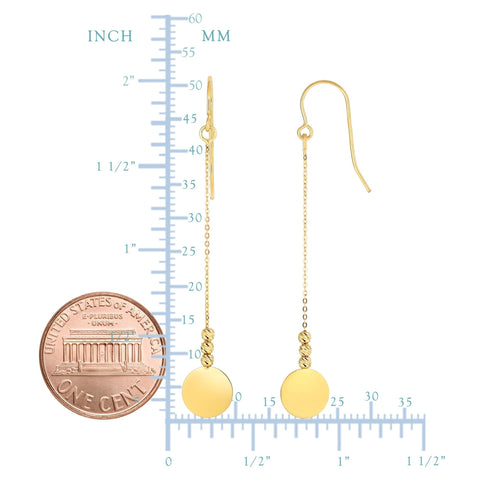 14K Yellow Gold Diamond Cut Bead With Flat Shiny Disc Drop Earrings