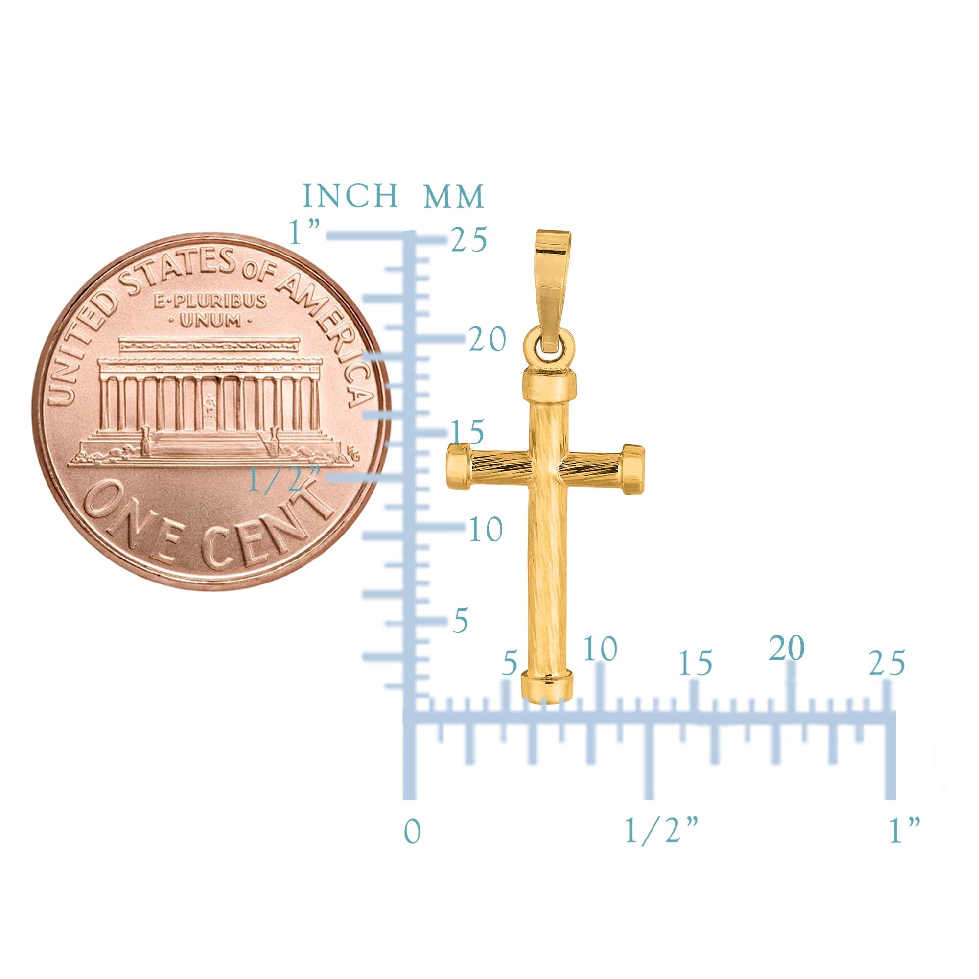 14k Yellow Gold Diamond Cut Finish Round Tube Style Cross Pendant - JewelryAffairs