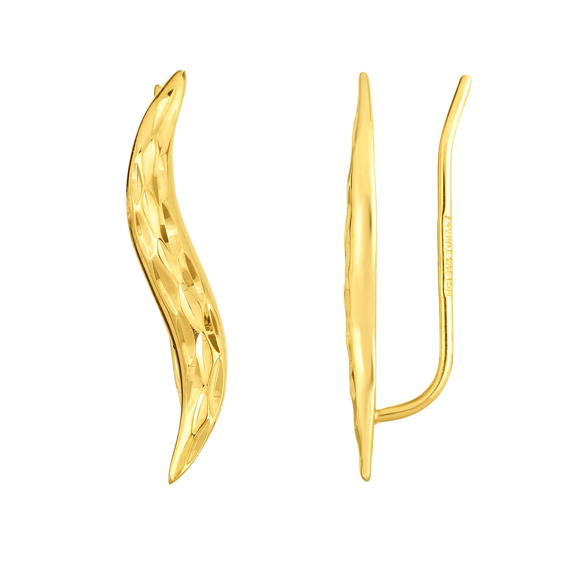 14K Yellow Gold Diamond Cut Leaf Climber Earrings - JewelryAffairs