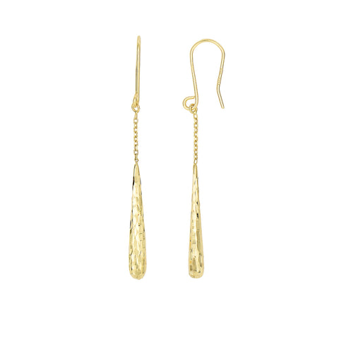 14K Yellow Gold Diamond Cut Long Teardrop Drop Earrings