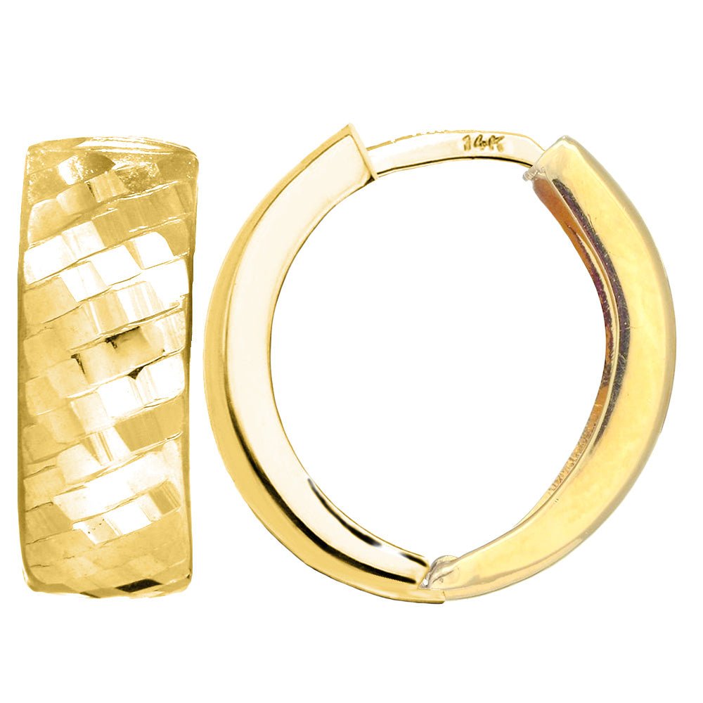 14K Yellow Gold Diamond Cut Textured Snuggable Earrings, Diameter 15mm