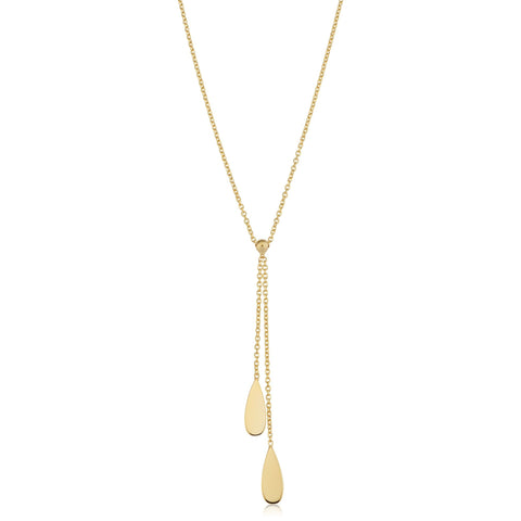 14K Yellow Gold Double Teardrop Charms On 18" Lariat Necklace