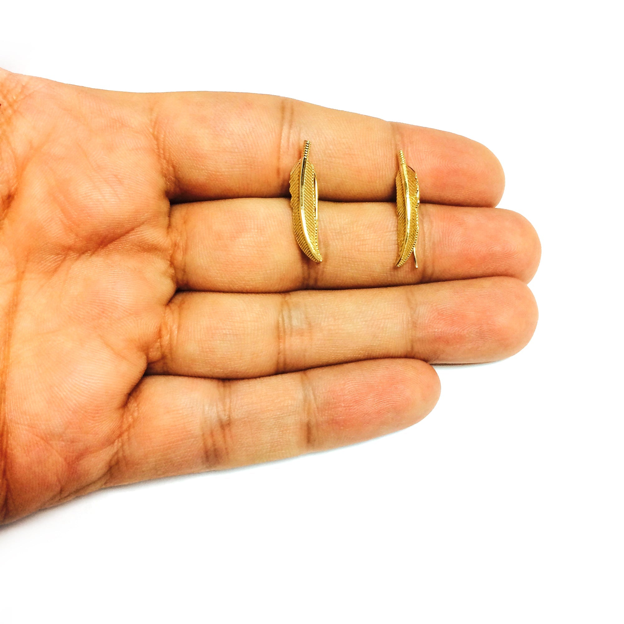 14K Yellow Gold Feather Leaf Design Climber Earrings - JewelryAffairs