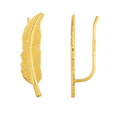14K Yellow Gold Feather Leaf Design Climber Earrings - JewelryAffairs